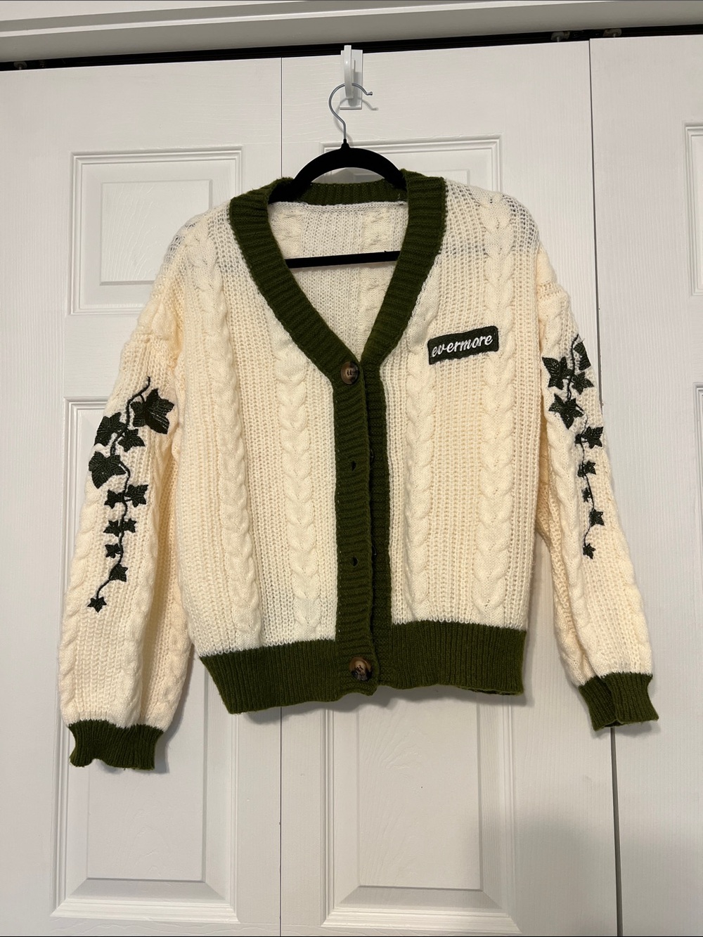 Evermore Cream Cable-Knit Cardigan with Olive Trim